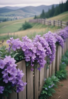 Purple flowers grow along a wooden fence in the countryside