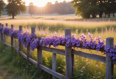 Purple flowers bloom on a fence in a field at sunrise