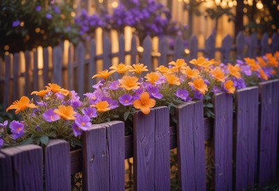 Orange and purple flowers bloom near a wooden fence