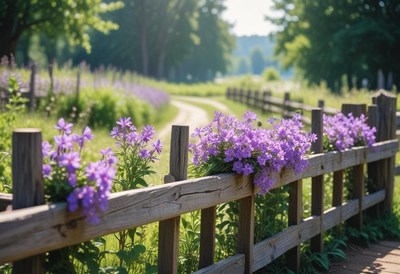 Purple flowers bloom along a wooden fence