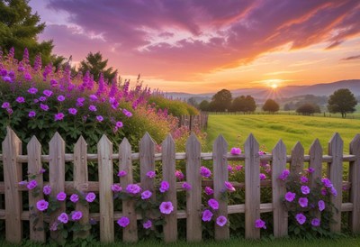 Purple flowers bloom at sunset in a field