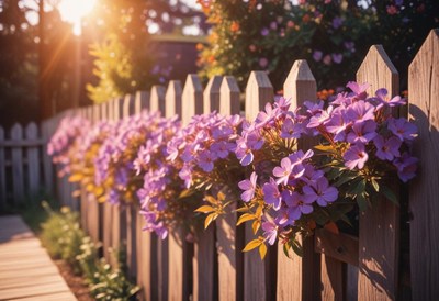Purple flowers bloom by a fence in the evening sun