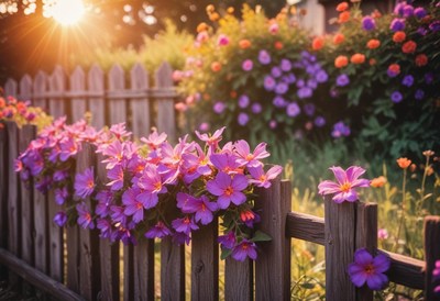 A wooden picket fence is adorned with vibrant purple flowers