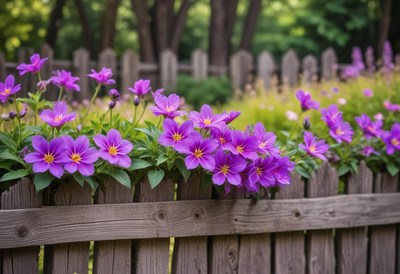 Purple flowers bloom near a wooden fence