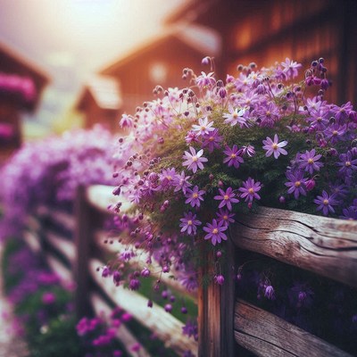 Purple flowers bloom over a wooden fence