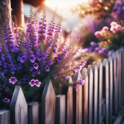 Purple flowers bloom near a wooden fence
