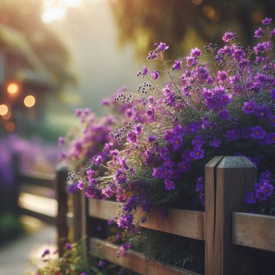 Purple flowers bloom near a wooden fence