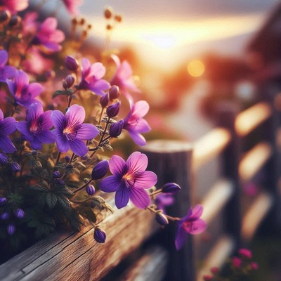 Purple flowers bloom at sunset