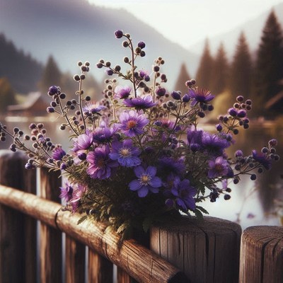 Purple flowers bloom on a wooden fence