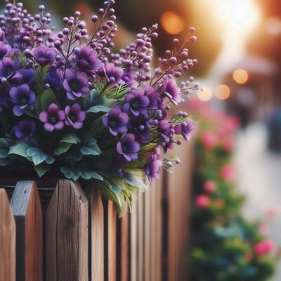Purple flowers bloom on a wooden fence