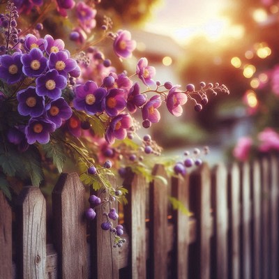A close-up of purple flowers growing along a wooden fence