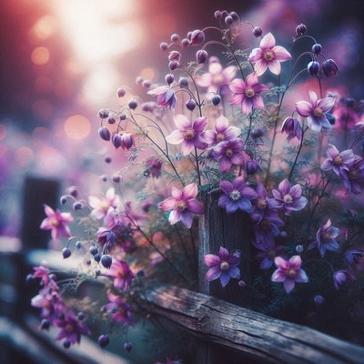 Purple flowers bloom by a wooden fence