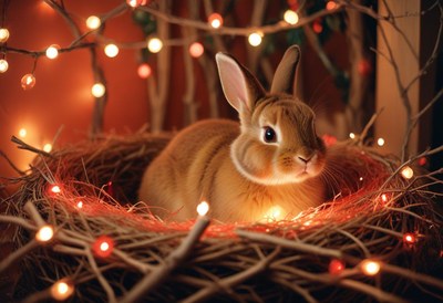 A brown rabbit sits in a nest of twigs with string lights