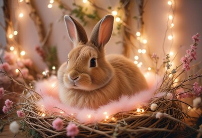 A fluffy bunny sits in a cozy nest with string lights