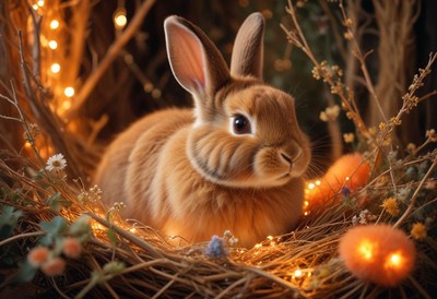 A brown bunny sits in a nest of twigs and lights