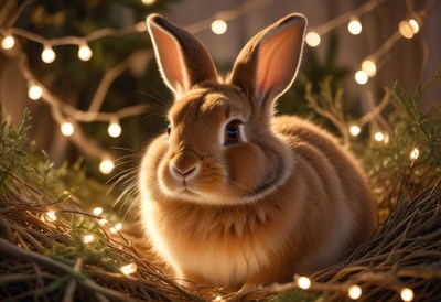 A brown rabbit with long ears sits in a nest of twigs