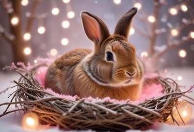 A brown rabbit sits in a nest with lights