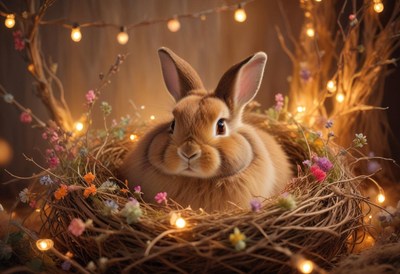 A fluffy brown rabbit sits in a nest with string lights