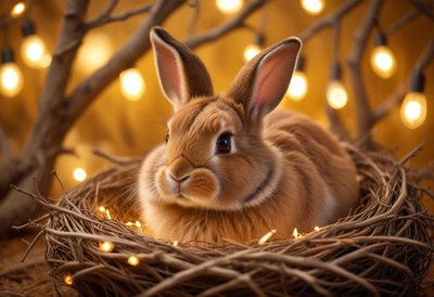 A fluffy brown rabbit sits in a nest with string lights