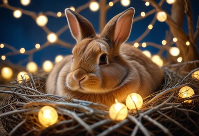 A brown rabbit sits in a nest of twigs with string lights