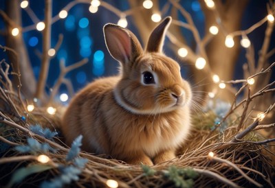 A brown rabbit sits in a nest of twigs and lights