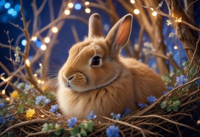 A brown rabbit sits in a nest made of twigs and flowers
