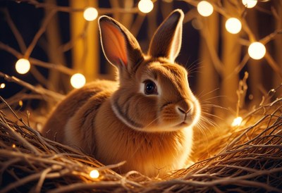 A brown bunny sits in a nest of twigs with fairy lights