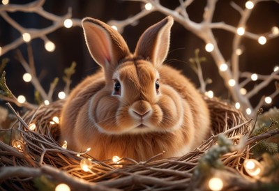 A fluffy bunny sits in a nest with twinkling lights