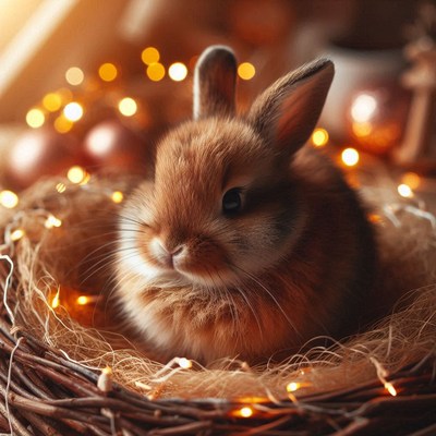 A small brown bunny sits in a nest of lights