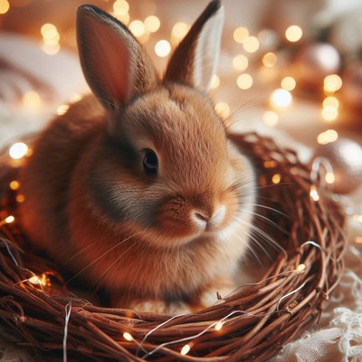 A brown rabbit sits in a nest of twigs and lights