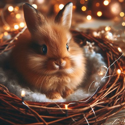 A fluffy bunny sits in a nest with lights