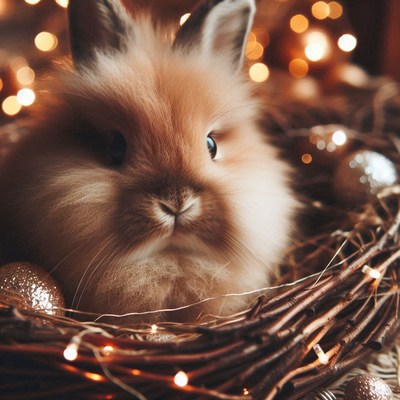 A fluffy bunny sits in a wreath with lights