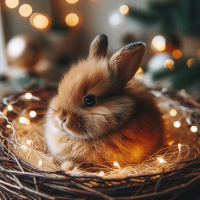 Fluffy bunny in nest with Christmas lights