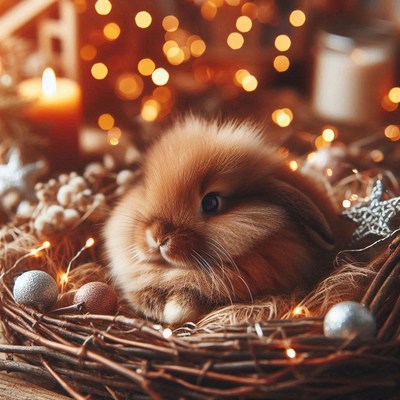 A fluffy brown rabbit rests in a wreath of lights