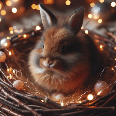 A cute bunny sits in a nest of lights
