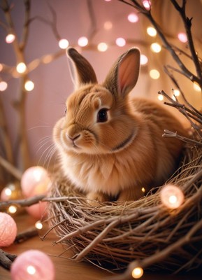 A brown rabbit sits in a nest with string lights