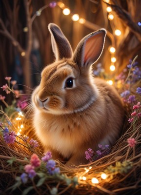 A brown rabbit sits in a nest of twigs and flowers