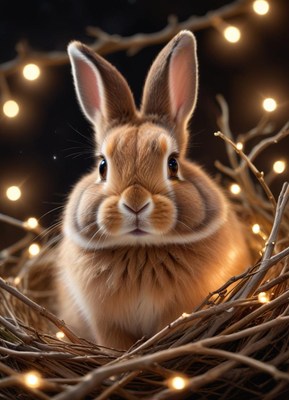 A brown rabbit sits in a nest of branches with lights