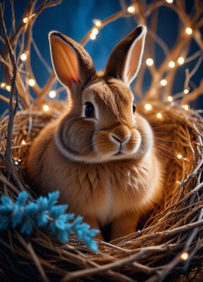 A brown rabbit sits in a nest with lights