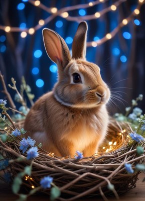 A brown rabbit rests among twigs and blue blooms