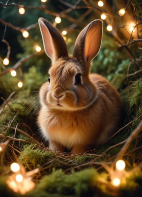 A brown rabbit sits in a nest of moss and twigs