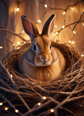 A brown rabbit sits in a nest of twigs with string lights