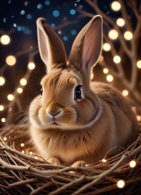 A brown rabbit sits in a nest of twigs with string lights