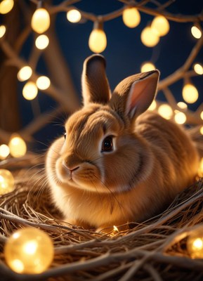 A brown rabbit nestles in twigs by soft lights
