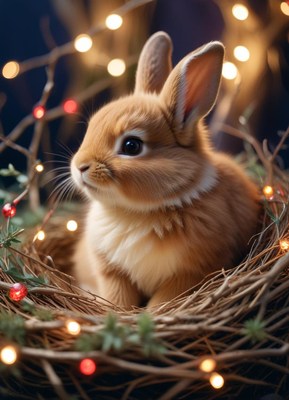 A small, brown bunny sits in a nest of twigs and lights