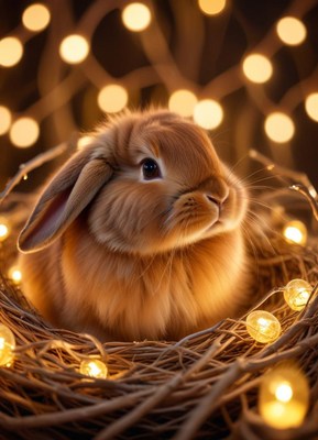 A fluffy rabbit sits in a nest of lights