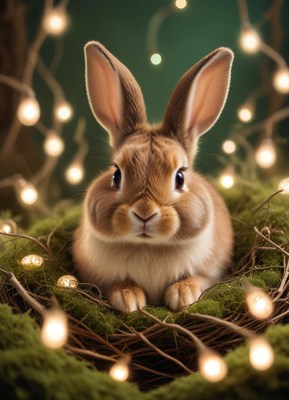 A fluffy rabbit sits in a nest of moss and lights