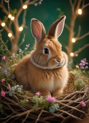 A brown rabbit sits in a nest of twigs and flowers