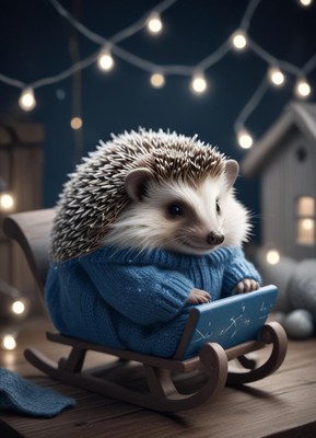 A hedgehog wearing a blue sweater sits on a sled