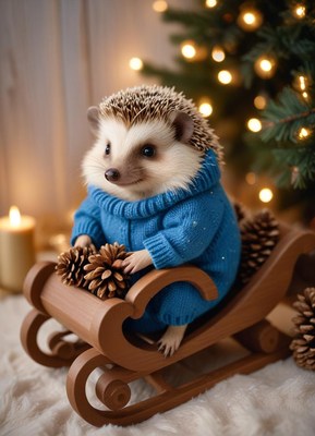 A hedgehog wearing a blue sweater sits on a wooden sled